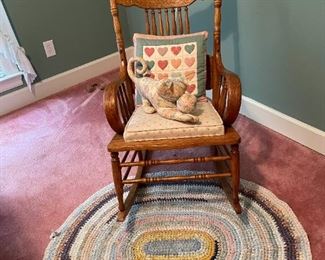 Beautiful Vintage Oak Rocking Chair Handsome Plush Kitty and Beautiful Handmade Braided Rug