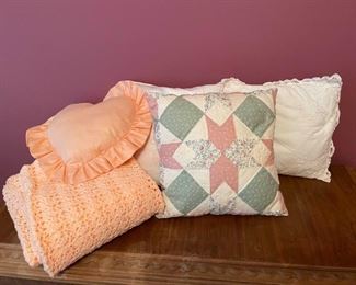 Two Beautiful Hand Crocheted Afghans and Four Decorative Throw Pillows