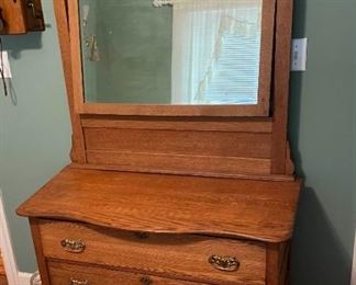 Victorian Early 1900s Oak Carved Large Dresser with Mirror