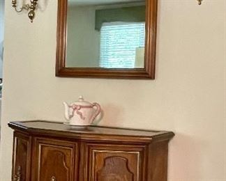 VINTAGE FOYER CONSOLE, WALL MIRROR, BRASS CANDLE SCONCES