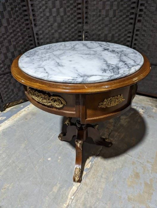 Brass Cherub Inspired Round Marble Top Pedestal Table