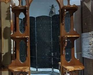Exquisite Antique Carved Wood Marble Top Etagere with Multiple Mirrors