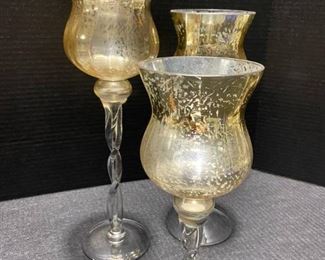 Hurricane Long Stem Gold Crackle Glass Candle Holders