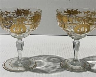 Pair of Gold Embossed Crystal Wine Goblets