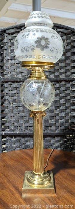 Victorian Style Etched Glass and Brass Base Lamp