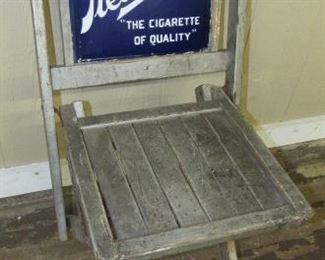1920's Folding Wood Chair w/Double Sided Porcelain Piedmont Cigarettes Sign in Back