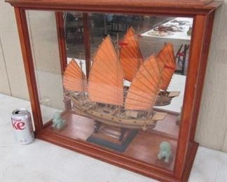 Wood Ship & Jade Figures in Display Case