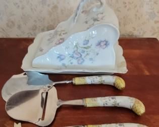 Cheese Wedge Server Cover and Porcelin Plate Germany circa. 1900 , 3 Serving utensels with porcelin handles