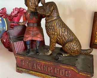 Original c.1883  Speaking Dog cast iron bank, Shepard Hardware Co. (missing trap on bottom).