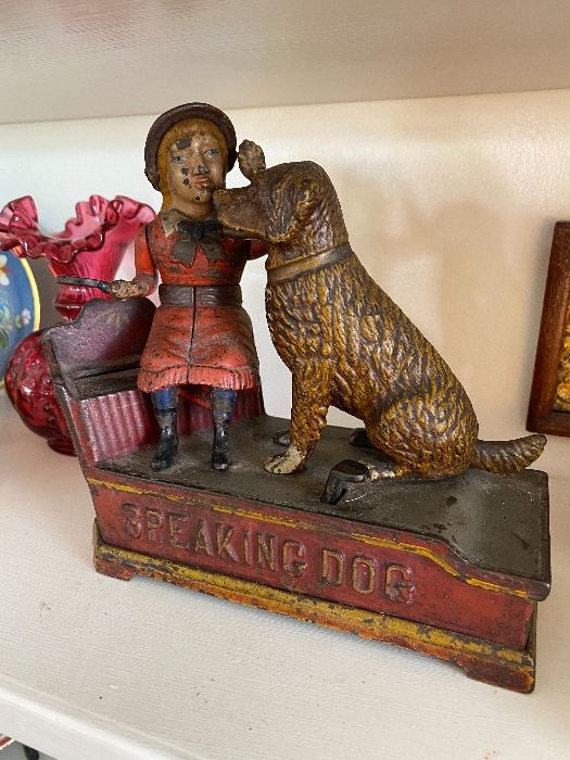 Original c.1883  Speaking Dog cast iron bank, Shepard Hardware Co. (missing trap on bottom).