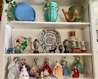 Vintage McCoy, Weller and other pottery.  Royal Doulton figurines as well as lovely Asian ceramics.