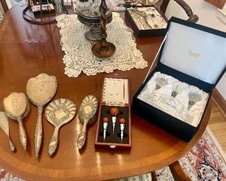 Antique sterling vanity sets & crystal bottle stopper set.