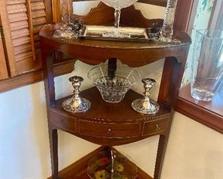 Cute antique corner shelf with drawers.