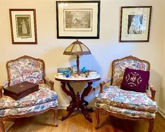 Two beautiful floral French bergere chairs.