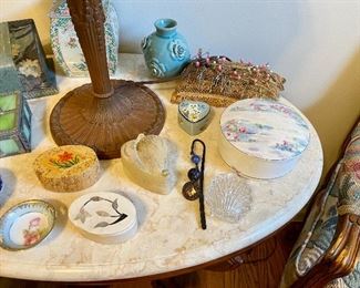 Trinket boxes & antique hat pin lace pillow.