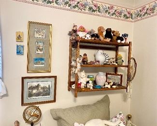 Wood wall shelf & framed wall art.