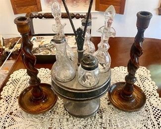 Antique silver plate cruet set & barley twist candlesticks.