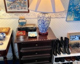 Three drawer side table / nightstand & Asian style lamp.