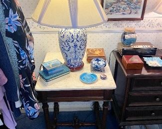 Marble top side table & second Asian style lamp.