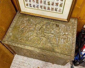 Embossed brass log or coal box.