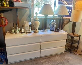 Canadian made white dressers with mirror, matching nightstand in basement.