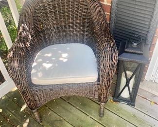 Wicker barrel chair & RH candle lantern.