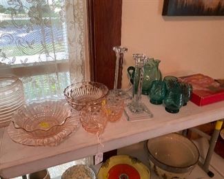 Pink depression glass, hand blown pitcher and glasses