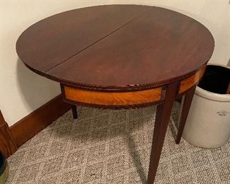 Gorgeous Hepplewhite mahogany card/ game table —folds to half table—with inlaid wood on the sides. Provenance—owner states it was from the Studebaker mansion in South Bend.