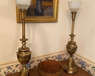 Brass MCM Torchiere Lamps, antique wooden bowl, antique oil painting on masonite