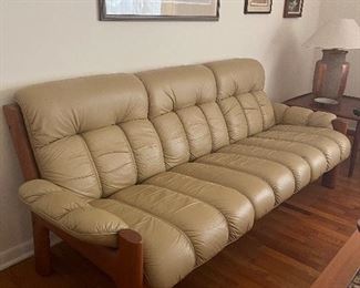 Three Cushion Leather/Teak Sofa Mid Century Modern
