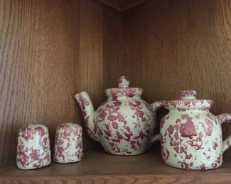 A teapot, shakers and covered vessel by Bybee Pottery of Kentucky. 