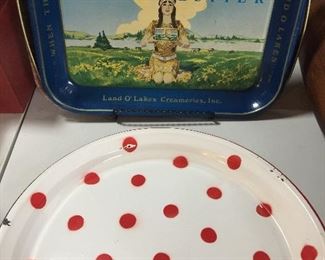 Imagine serving cool summer drinks and snacks on these trays. The butter tray features the now-retired Native American maiden. The dotted tray offers fun and function. 