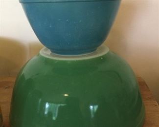 Blue and green Pyrex mixing bowls can work in the kitchen and help collectors complete a set. 