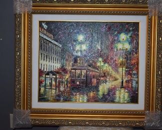 New Orleans Cable Car, Daniel Wall Artist 2016  canvas is 20" x 24 3/4" (frame measurements to follow) Giclee (zhee-klay) in color on canvas with hand embellishment, Hand signed in ink, lower left by the artist. 