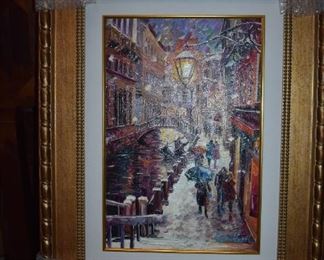 Venice Snow by Daniel Wall, 2016, Canvas is 20" x13 1/2. Giclee in color on canvas with hand-embellishment. Hand signed in ink in lower right hand corner.