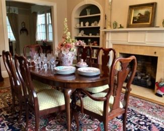 Dining room formal dining table & chairs with extra leaves, lovely large Persian rug