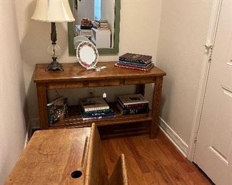 3school desks, console/sofa table and beautiful mirror. Lots of books on religion, painting, hobbies and other entertainment books. Vintage Chlldren books