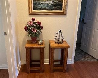 Two oak tables and Local artist Barbara Faulkner framed art, I framed on canvas, paint board and art paper. Matting and many frames you can fill with your favorites. 
