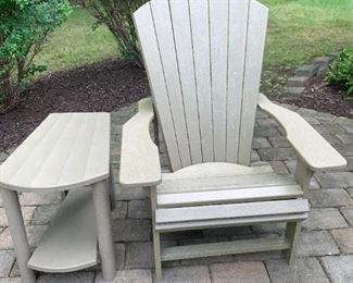 (1) $300/set Adirondack chair and matching table (2 pc set) made from recycled materials.  Beige / taupe color.  Measurements 32W x 31D x 41H in, arm height 20H.  For more information https://www.hayneedle.com/product/cr-plastic-generations-adirondack-chair.cfm