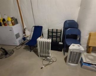 heaters and folding chairs and freezer