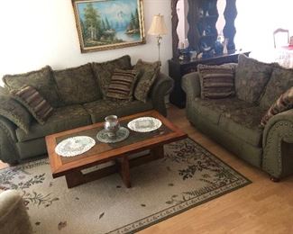 Great, like new couch set. Coffee table. Pillows. Floor lamps.