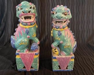 Antique Pair Of Chinese Porcelain Famille Rose Foo Dogs