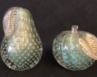 Apple Pear Sommerso Bubble Art Glass Style Bookends Sculptures Paperweights, Sea Blue w Gold