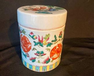 Antique Porcelain Asian Lidded Tea Canister Tea Caddy, Embellished With Colorful Illustrations