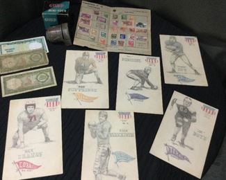 Collection Of Vintage Stamps, Vietnamese Dong, Football Cards And Mini Slide Viewer