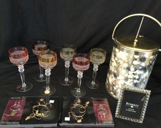 Hofbauer Crystal Cut Wine Glasses, Pewter Wine Charms, Kraftware N.Y.C. Ice Bucket Bombay Frame