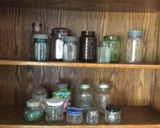 Set Of 17 Vintage ColorClear Jars With Clothes Pins And Marbles