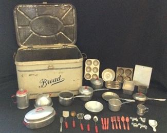 Vintage Tin Aluminum KitchenBaking Toy Set  Circa 1940s Empeco Metal Bread Box