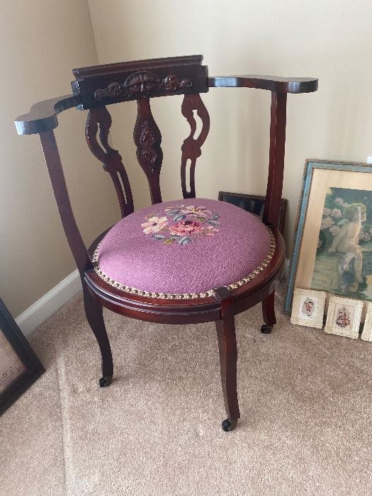 Antique Walnut Corner Chair - Carved Wood Barrel Round