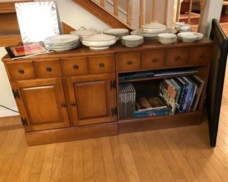 2 piece cabinet, vintage dishes, books
